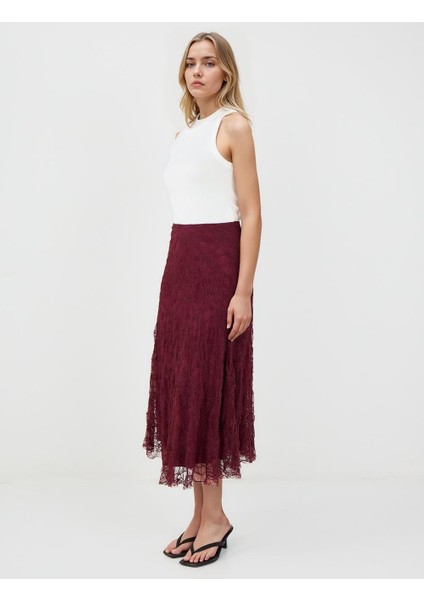 Bordo Yüksek Bel Dantel Detaylı Örme Midi Etek fiyatları