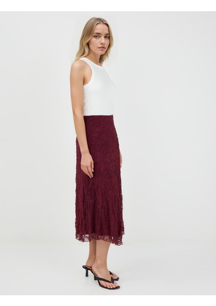 Bordo Yüksek Bel Dantel Detaylı Örme Midi Etek modelleri