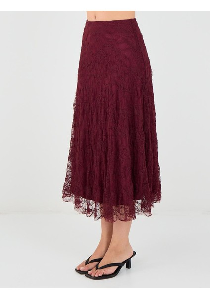 Bordo Yüksek Bel Dantel Detaylı Örme Midi Etek fırsatları