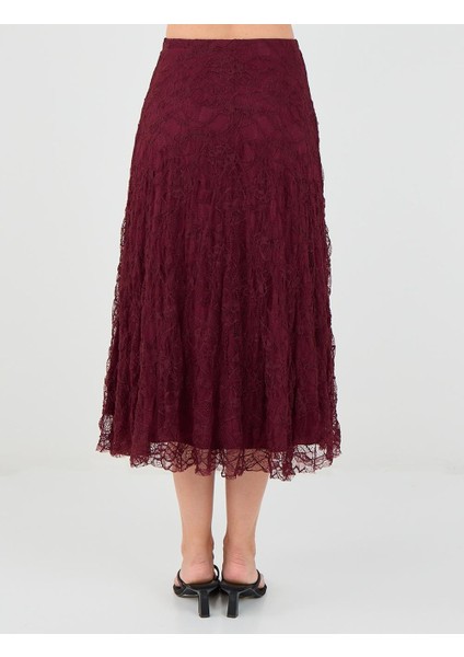 Bordo Yüksek Bel Dantel Detaylı Örme Midi Etek indirimleri