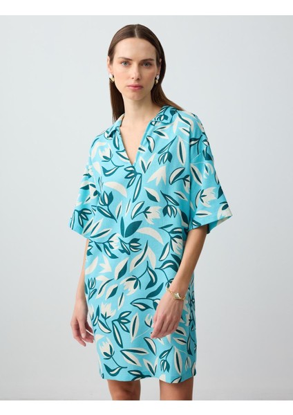 Mavi V Yaka Keten Karışımlı Desenli Mini Elbise