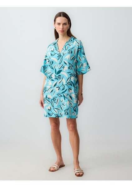 Mavi V Yaka Keten Karışımlı Desenli Mini Elbise fiyatları