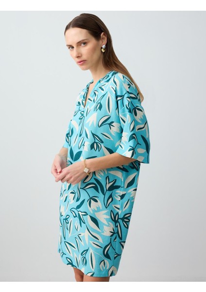 Mavi V Yaka Keten Karışımlı Desenli Mini Elbise modelleri