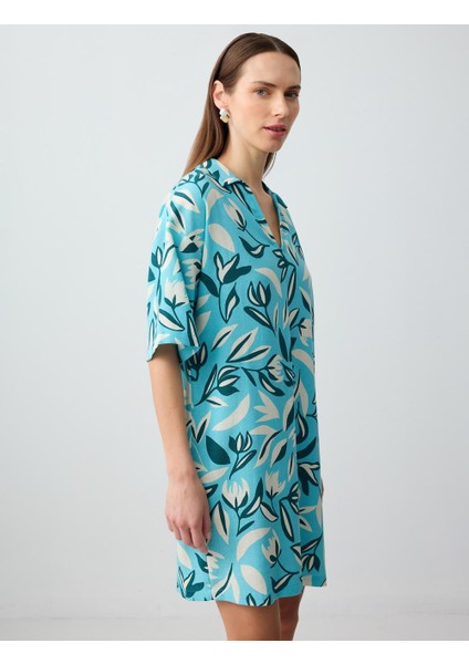 Mavi V Yaka Keten Karışımlı Desenli Mini Elbise fırsatları