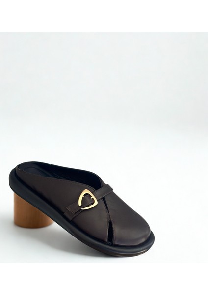 Kahve Hakiki Deri Tokalı Kadın Günlük Rahat Sabo Terlik