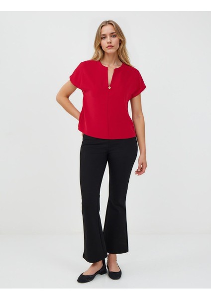 Kırmızı V Yaka Kısa Kollu Dokuma Bluz fiyatları