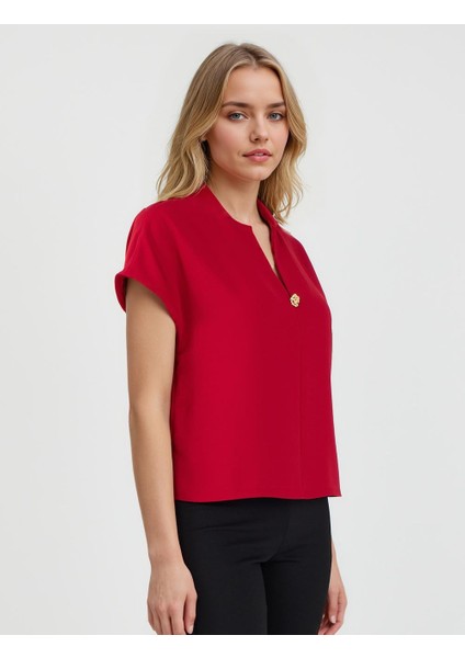 Kırmızı V Yaka Kısa Kollu Dokuma Bluz modelleri