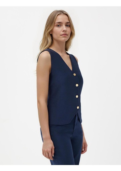 Lacivert Dar Kesim Parlak Düğme Detaylı Triko Yelek fırsatları