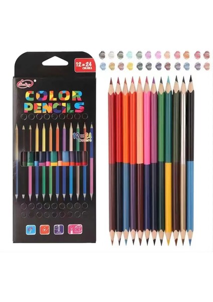 Renkli Kalem 12 Parça Sanat Boyama Seti Çift Başlıklı Suda Çözünür 24 Renk Kalem Üçgen Kütük Çocuk Eskiz Çizim Sanat Malzemesi (Yurt Dışından)