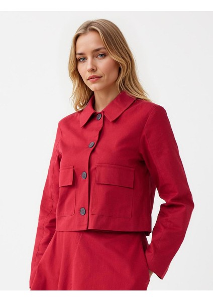 Bordo Düz Kesim Gömlek Yaka Uzun Kollu Gabardin Ceket