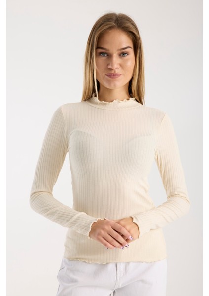 Kadın Uzun Kollu Yarım Boğazlı Fitilli Bluz – Esnek ve Konforlu 3005