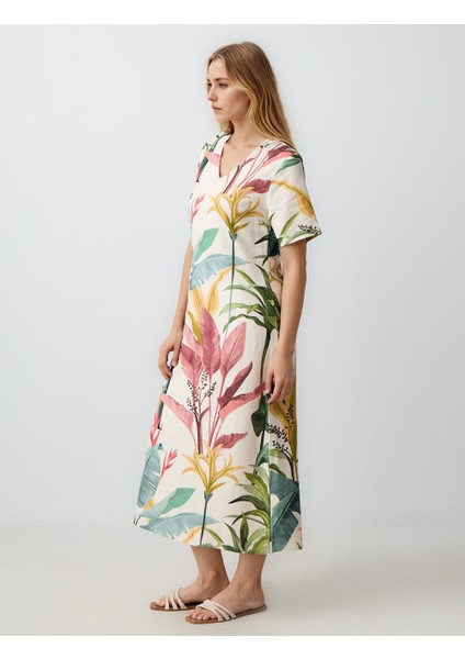 Ekru V Yaka Kısa Kollu Keten Karışımlı Desenli Midi Elbise modelleri