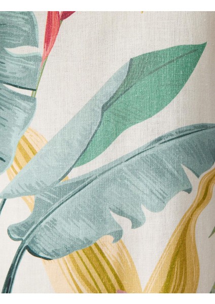 Ekru V Yaka Kısa Kollu Keten Karışımlı Desenli Midi Elbise fırsatları