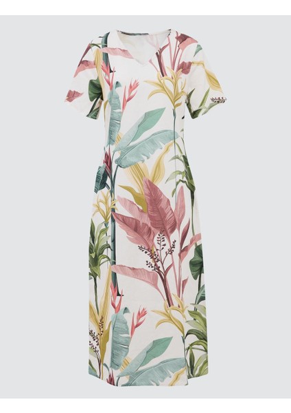 Ekru V Yaka Kısa Kollu Keten Karışımlı Desenli Midi Elbise