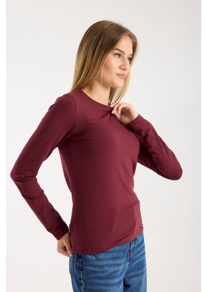 Kadın Uzun Kollu Yuvarlak Yaka Modal Karışımlı Esnek Bluz – Rahat Şık Günlük 3006