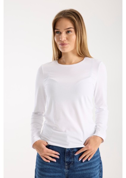 Kadın Uzun Kollu Yuvarlak Yaka Modal Karışımlı Esnek Bluz – Rahat Şık Günlük 3006