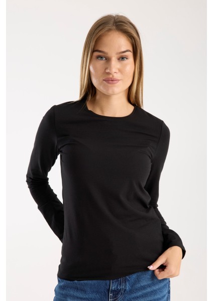 Kadın Uzun Kollu Yuvarlak Yaka Modal Karışımlı Esnek Bluz – Rahat Şık Günlük 3006