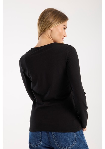 Kadın Uzun Kollu Yuvarlak Yaka Modal Karışımlı Esnek Bluz – Rahat Şık Günlük 3006