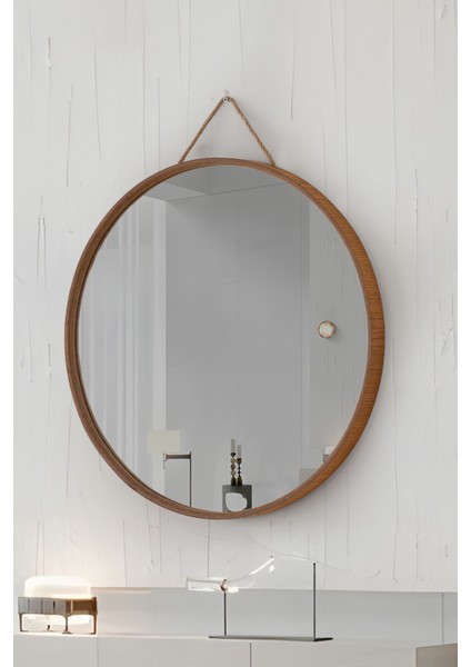 Mirora Yuvarlak Dekoratif Duvar Aynası | Boyalı Ahşap Çerçeveli | 60CM | Meşe