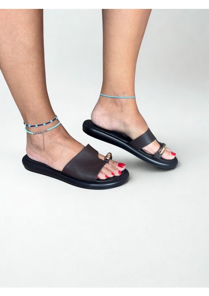 Kahve Hakiki Deri Kalın Tabanlı Parmak Arası Kadın Terlik