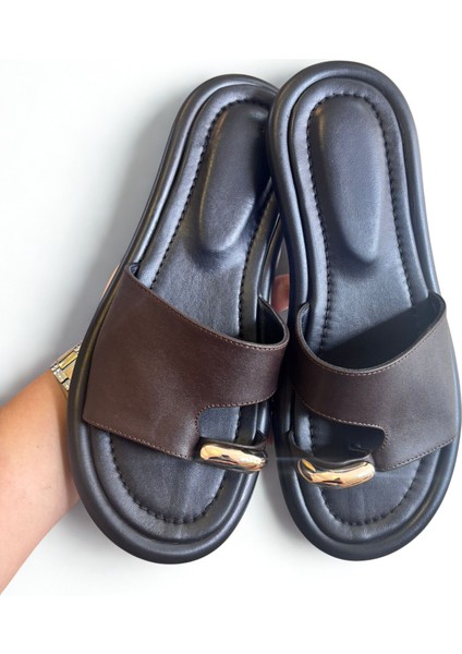 Kahve Hakiki Deri Kalın Tabanlı Parmak Arası Kadın Terlik modelleri