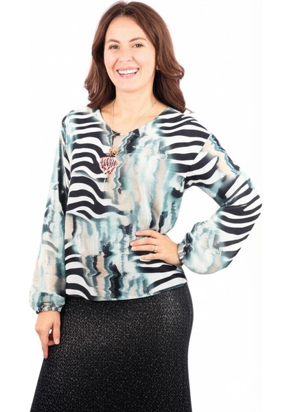 Kadın Klasik Şifon Anne Bluz Viskoz Kumaş Deniz Desenli Kolyeli Uzun Kollu Astarlı Tam Kalıp