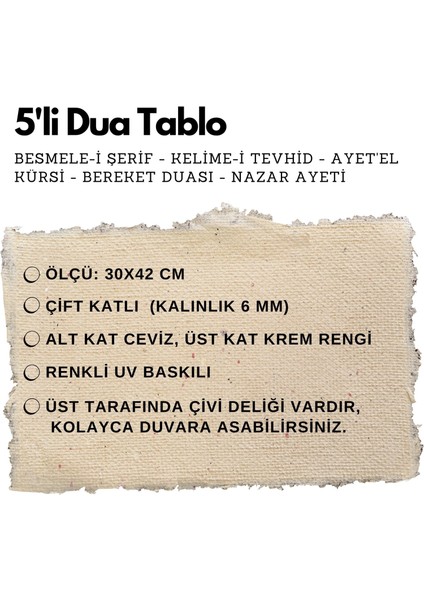 5'li Dua Tablo Besmele-I Şerif - Kelime-I Tevhid - Ayet'el Kürsi - Bereket Duası - Nazar Ayeti fiyatları
