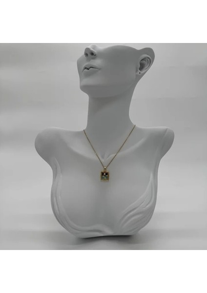 Çelik Vintage Sanat Kolye Serisi: Mavi Tablo Çiçek Detay - Gold