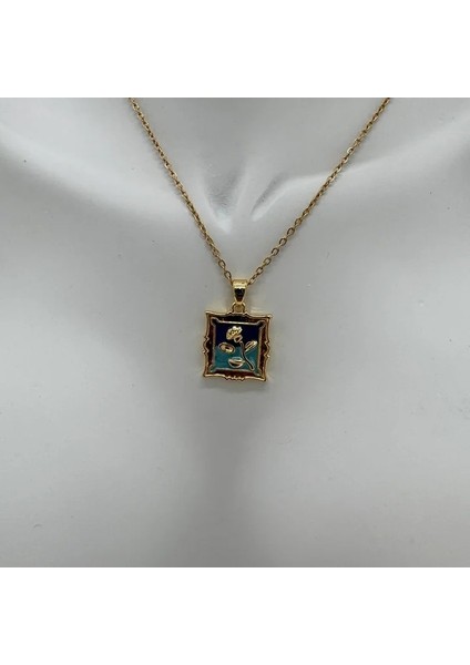 Çelik Vintage Sanat Kolye Serisi: Mavi Tablo Çiçek Detay - Gold fiyatları