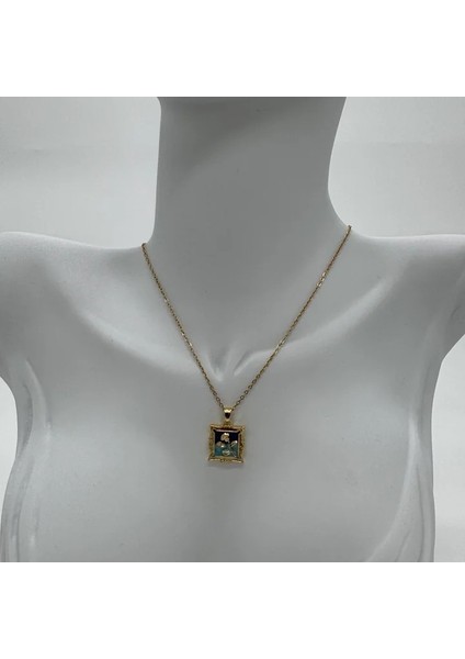 Çelik Vintage Sanat Kolye Serisi: Mavi Tablo Çiçek Detay - Gold modelleri