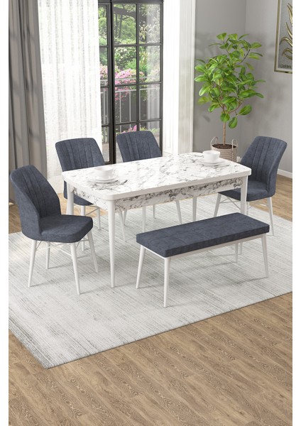Arel Beyaz Mermer 80X132 Açılabilir Mdf Masa Yemek Odası Takımı, Mutfak Takımı 4 Adet Sandalye, 1 Bench