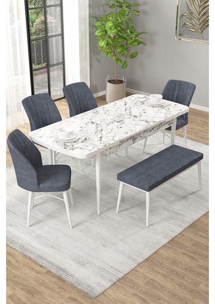 Arel Beyaz Mermer 80X132 Açılabilir Mdf Masa Yemek Odası Takımı, Mutfak Takımı 4 Adet Sandalye, 1 Bench fiyatları