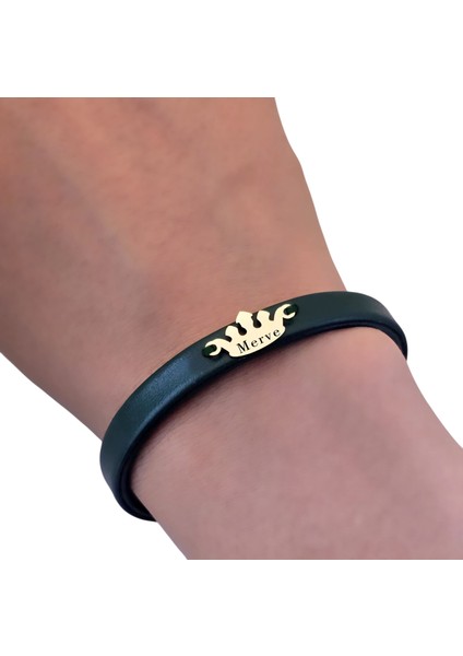 14 Ayar Plakalı Altın Merve Ismine Özel Taç Figürlü Koyu Yeşil Derili Hediye BILEKLIK-639ISIM fırsatları