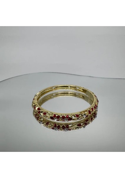 Özel Seri Kırmızı Mineli Çiçekli Kelepçe Bileklik - Gold