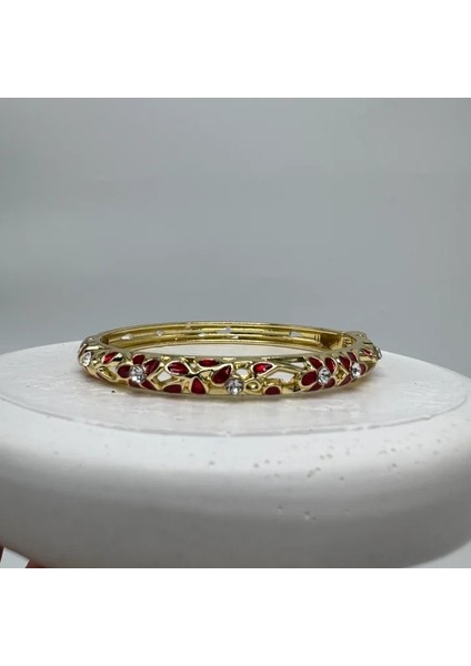 Özel Seri Kırmızı Mineli Çiçekli Kelepçe Bileklik - Gold modelleri