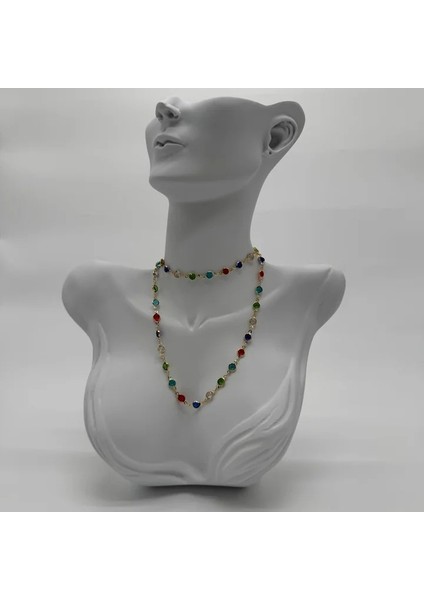 Çelik Gold Yuvarlak Renli Taş Kolye - Gold