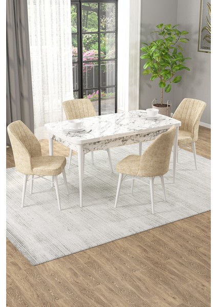 Arel Beyaz Mermer 80X132 Açılabilir Mdf Masa Yemek Odası Takımı, Mutfak Takımı 4 Adet Sandalye