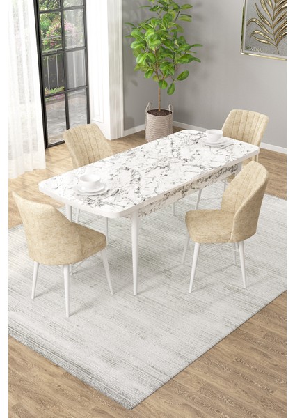 Arel Beyaz Mermer 80X132 Açılabilir Mdf Masa Yemek Odası Takımı, Mutfak Takımı 4 Adet Sandalye fiyatları
