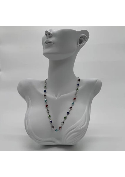 Çelik Silver Kalp Renkli Taş Kolye - Silver