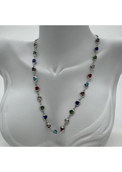 Çelik Silver Kalp Renkli Taş Kolye - Silver modelleri