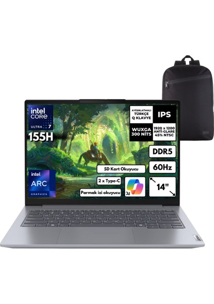 Thinkbook 14 G7 Ultra 7-155H 40-Gbddr5 2 Tbssd Intel Arc Graphics 14" Wuxga Windows 11 Pro + Hmf Sırt Çantası 21MR0050TRHMF36