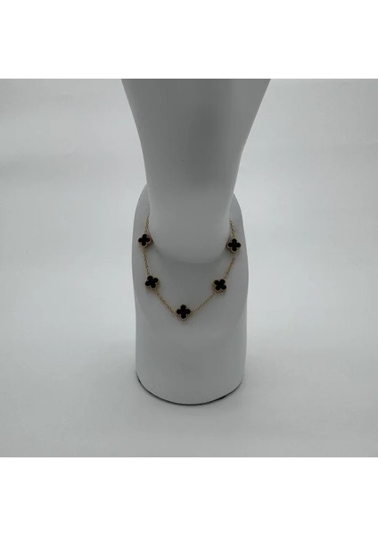 Çelik Gold Siyah Mini Yonca Detay Trend Bileklik - Gold