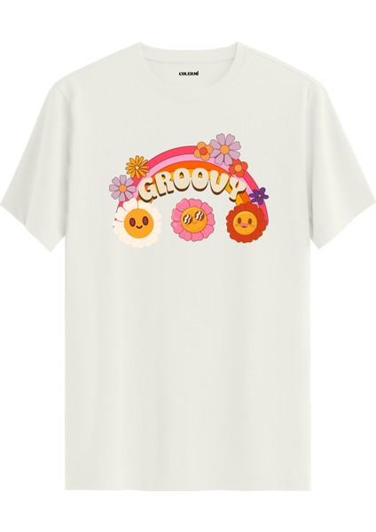 Groovy Çiçek Baskılı %100 Pamuk Tişört