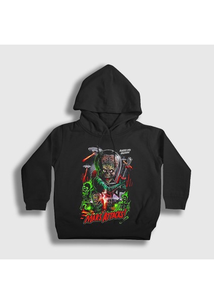 Unisex Çocuk Siyah Martians Mars Attacks Tim Burton Kapüşonlu Sweatshirt