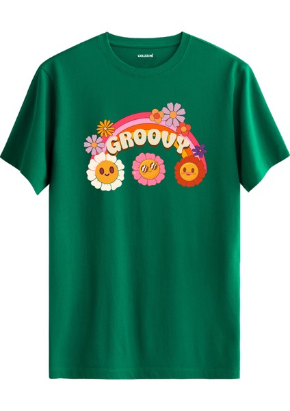 Groovy Çiçek Baskılı %100 Pamuk Tişört
