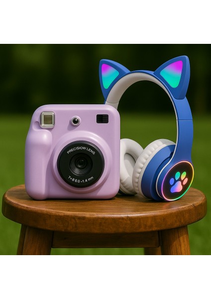 Mor Şipşak Fotoğraf Makinesi + Rgb Işıklı Kedi Kulaklı Bluetooth Kulaklık | Hediyelik Genç Set