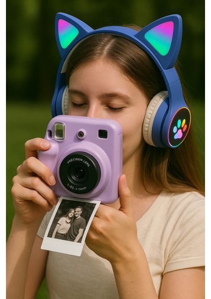 Mor Şipşak Fotoğraf Makinesi + Rgb Işıklı Kedi Kulaklı Bluetooth Kulaklık | Hediyelik Genç Set fiyatları