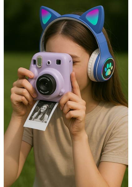 Mor Şipşak Fotoğraf Makinesi + Rgb Işıklı Kedi Kulaklı Bluetooth Kulaklık | Hediyelik Genç Set modelleri