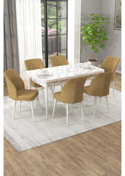 Arel Beyaz Mermer 80X132 Açılabilir Mdf Masa Yemek Odası Takımı, Mutfak Takımı 6 Adet Sandalye