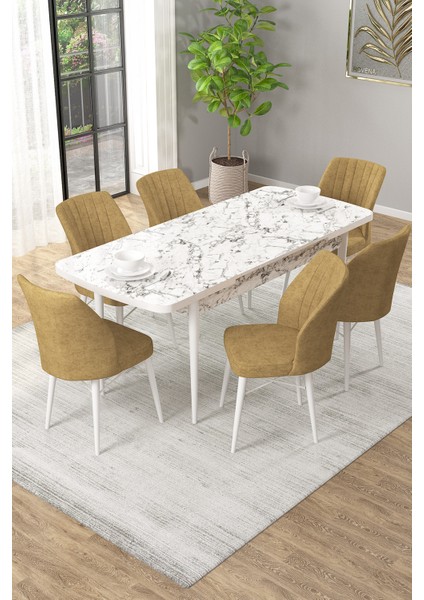 Arel Beyaz Mermer 80X132 Açılabilir Mdf Masa Yemek Odası Takımı, Mutfak Takımı 6 Adet Sandalye fiyatları